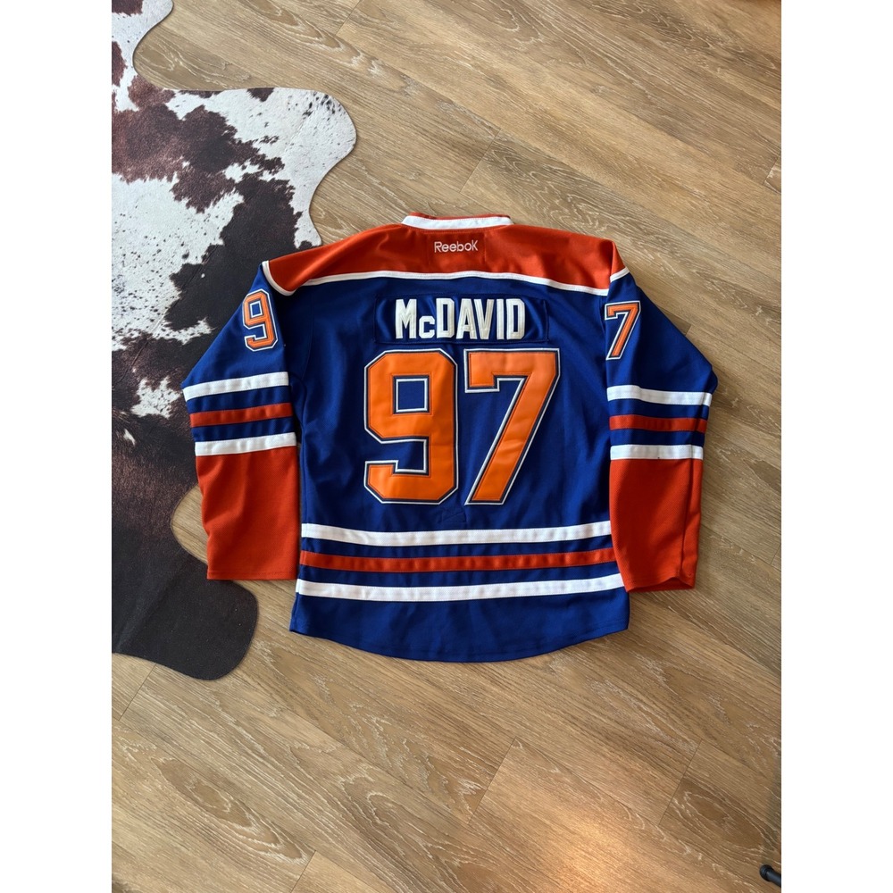 Reebok Edmonton Oilers Connor McDavid #97 NHL Jersey Blue Orange Mens Size 48